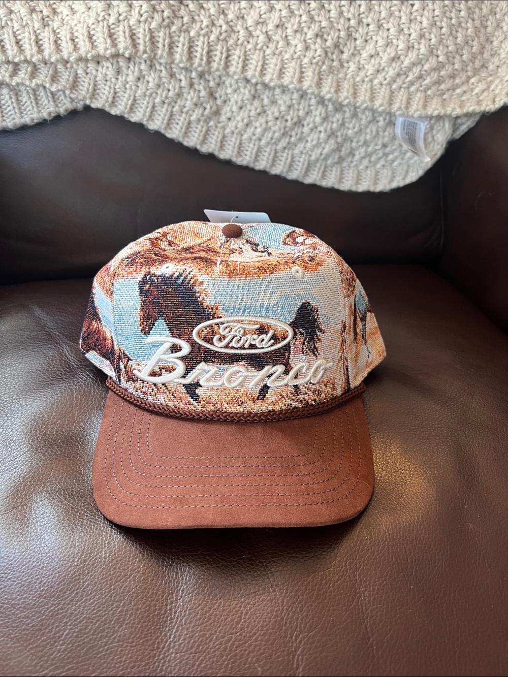 Ford Licensed Men’s Brown Horse Print Cap with Blue Sky Detail